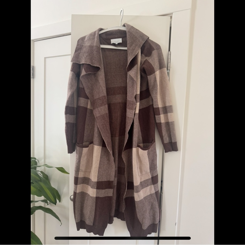 YAYA (Dutch Brand) Brown Beige Plaid Long Cardigan Duster Open Front in XS
